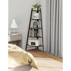  Corner Shelf, 5 Tier Corner Shelf Tall Rustic Multipurpose Bookshelf with 1.96'' Wide Frame, Industrial Ladder Shelf and Plant Stand with Support Foo