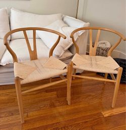 Pair of Mid-Century Modern Wishbone Chairs – Natural Wood & Woven Cord