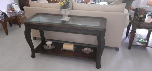 Console table brown solid wóod glass tops