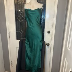 Emerald Green Satin Slip Dress – Spaghetti Strap – Side Slit – Midi Dress