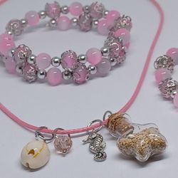 New, STAR Pink Jewelry Set, Pretty In Pink, Beach Sand, Stone Beads, Pink Cord, Charm Necklace, 