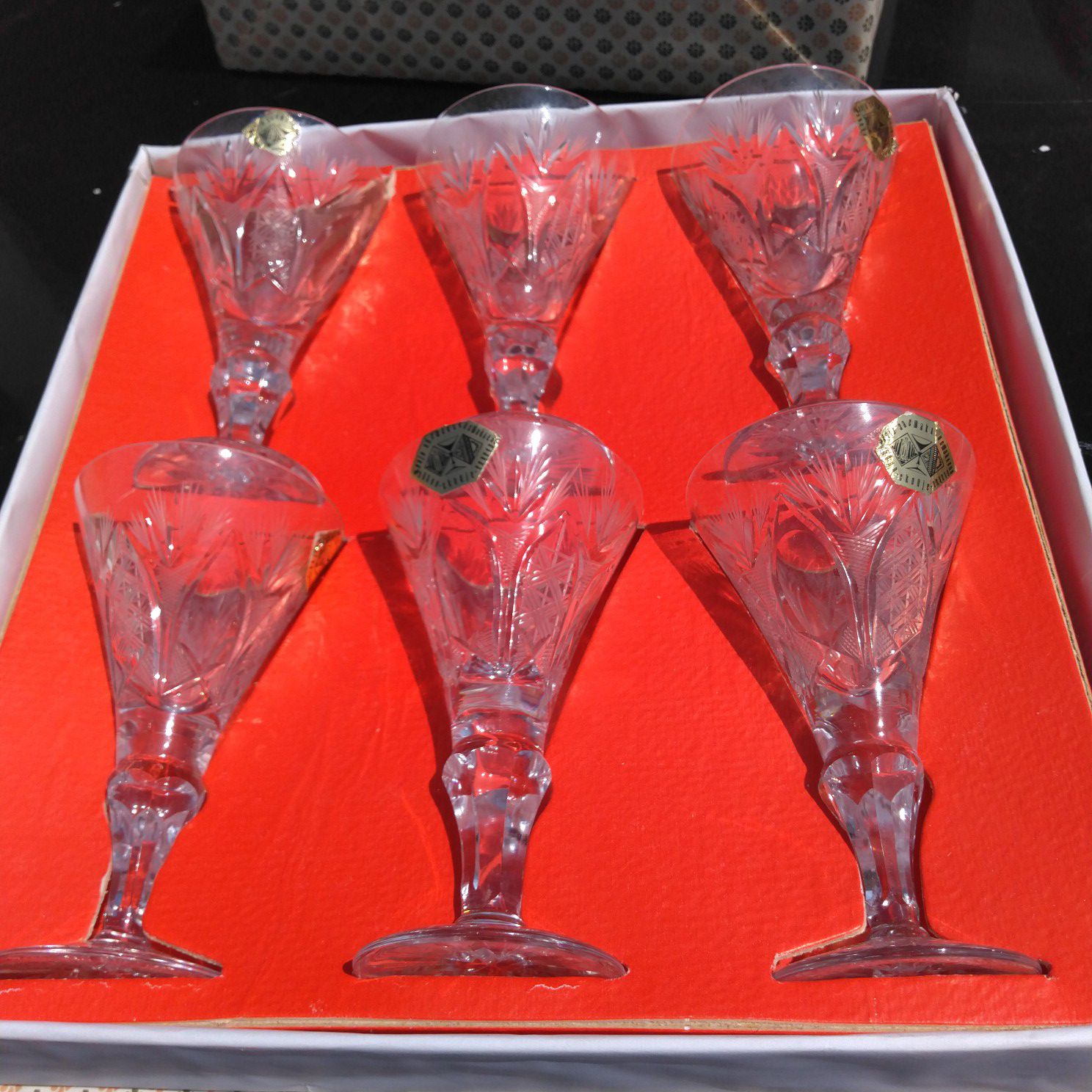 6 vintage Czechoslovakian crystal goblets in original gift box over 76 years old!