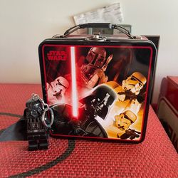 Darth Vader Lego figure keychain and Star Wars mini lunchbox.