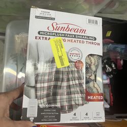BRAND NEW - 4 Heat Settings - Sunbeam Heated Throw Blanket Super Soft Microplush Oversize Merlot Plaid Faux Shearling