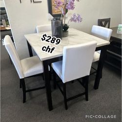 White Faux Marble Top 5 Piece Counter Height Dining Table Set  // October Sale ! 
