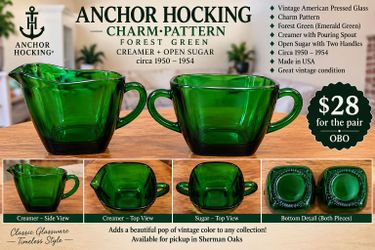 Vintage Anchor Hocking Charm Forest Green Creamer & Sugar – $28 OBO