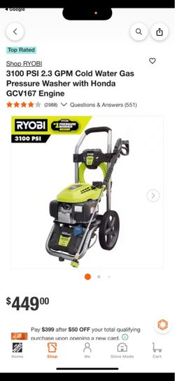Ryobi 3100 PSI 2.3 GPM gas-powered pressure washer equipped with a Honda GCV170 engin