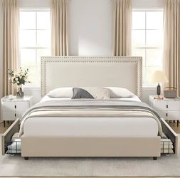 VECELO King Size Upholstered Bed Frame with 4 Storage Drawers, Adjustable Velvet Rivet Decor Headboard, Wooden Slats Platform Support, No Box Spring N
