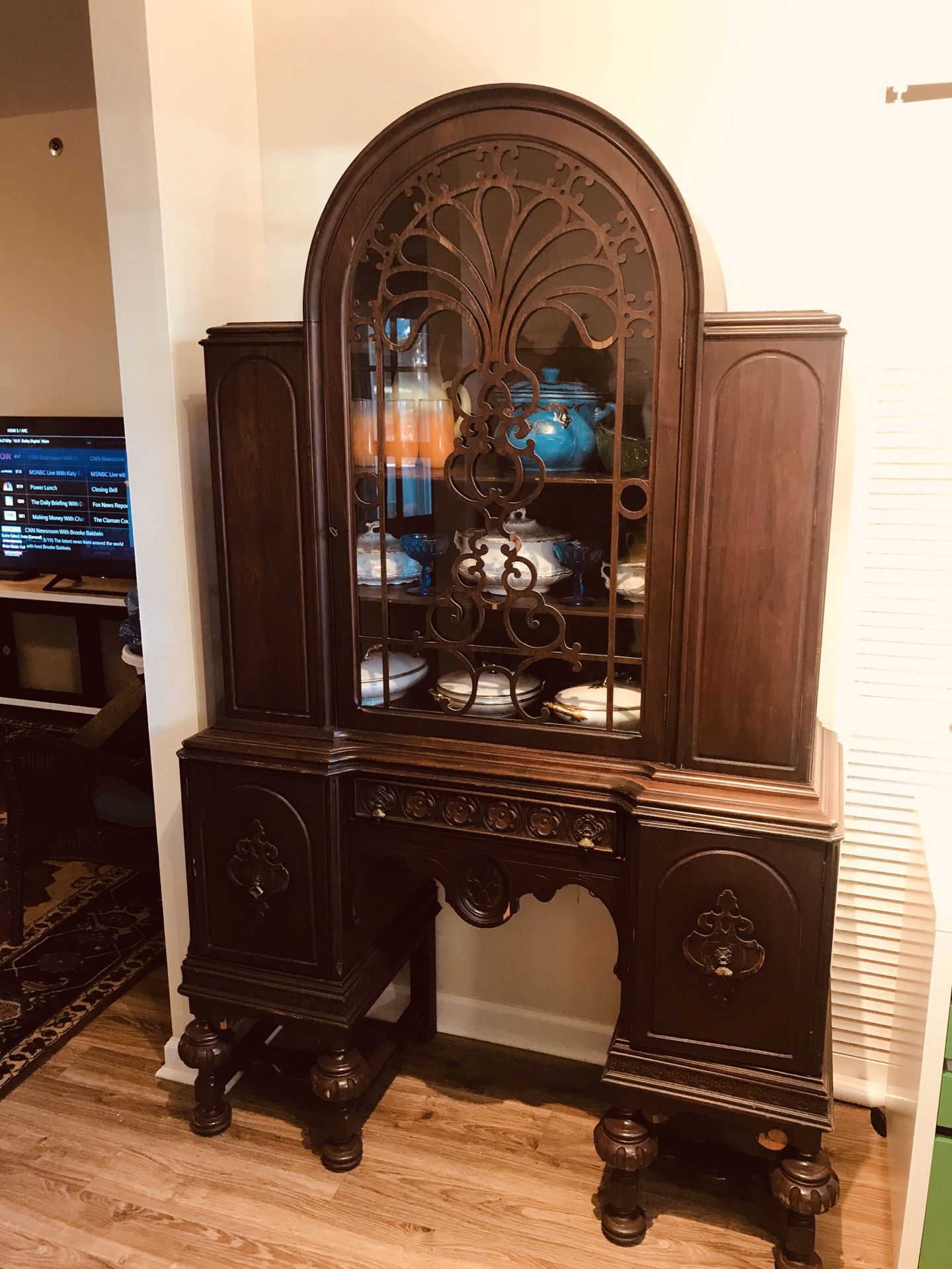 Rare Antique Jacobean English Style Walnut Hutch China Cabinet Early 1900's (moving out of state)