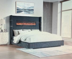 Dark Black Platform Bed with Fireplace Headboard