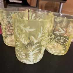 RARE ANTIQUE Tumbler NORTHWOOD FLORAL EYELET  Yellow Opalescent Glass set of 4