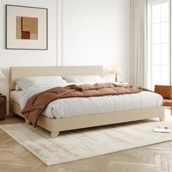 Allewie King Size Upholstered Bed Frame Adjustable Headboard, Beige