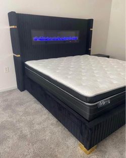 NEW Black King Size Platform Bed Frame Fireplace Display in Headboard Bluetooth Speakers
