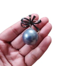Tarnished Silver Toned Bow Blue Pearl Ball Pin 2"