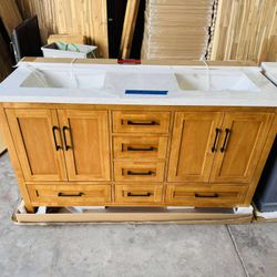60” Brand New Bathroom Vanity in Teak color, Soft Close Solid Wood with Top in White  $915 