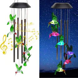 Brand New In Pack Glow In The Dark Solar LED Color Changing Windchimes. Hummingbirds.