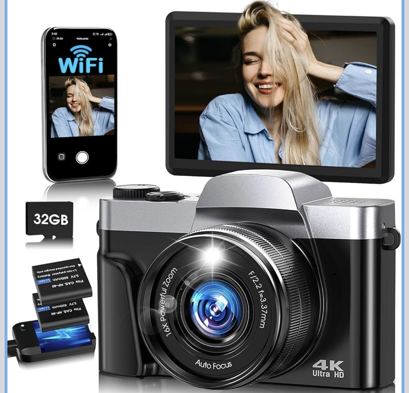 4K Digital Camera for Photography with WiFi,64MP Autofocus Vlogging Camera for YouTube,3'' 180° Flip Screen Compact Travel Camera for Teens with 32GB