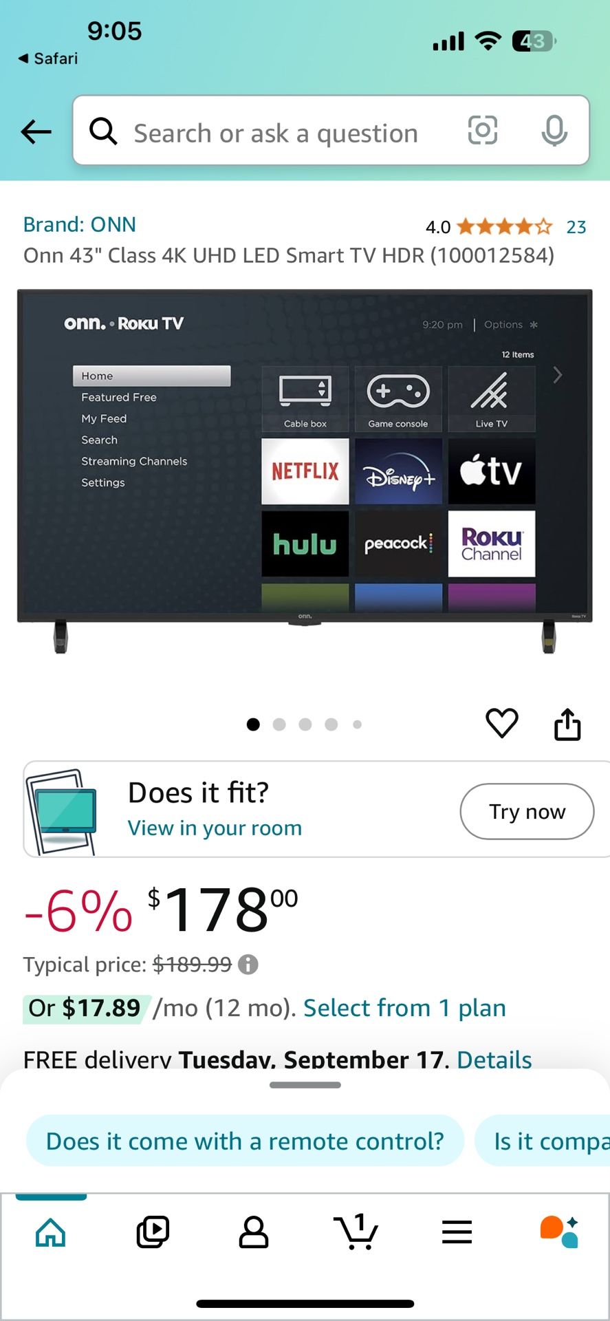 43” Onn Smart Roku Tv 2160p