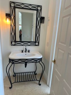 Vintage-Style Wrought Iron Bathroom Vanity & Mirror Set.