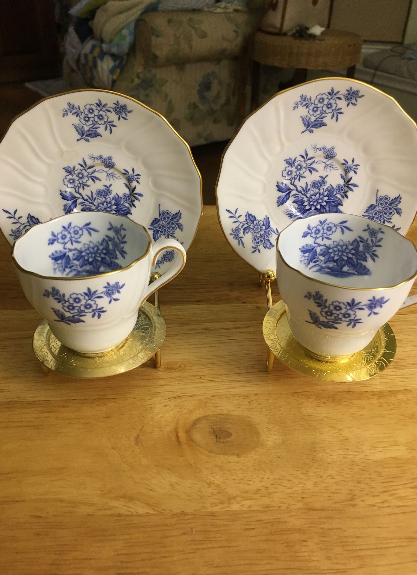 2 Spode Copeland blue and white Demitasse cups with saucers gold trim with gold metal stands