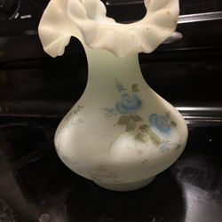 Fenton Blue roses On Blue Satin  Hand painted Vase Ruffled Crimped Top