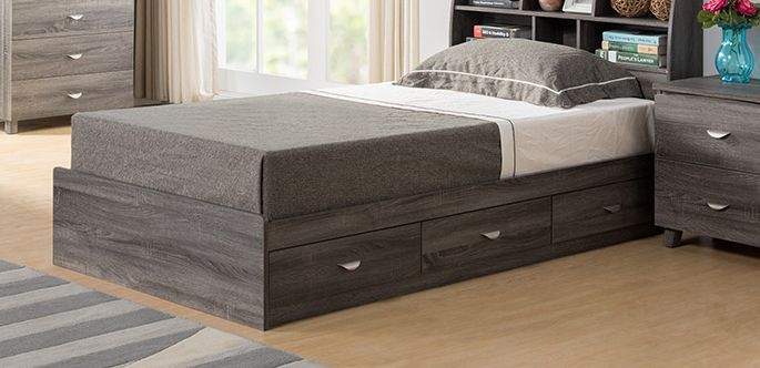 Twin Size 3-Drawer Storage Bed Frame with Bookcase Headboard, Distressed Grey