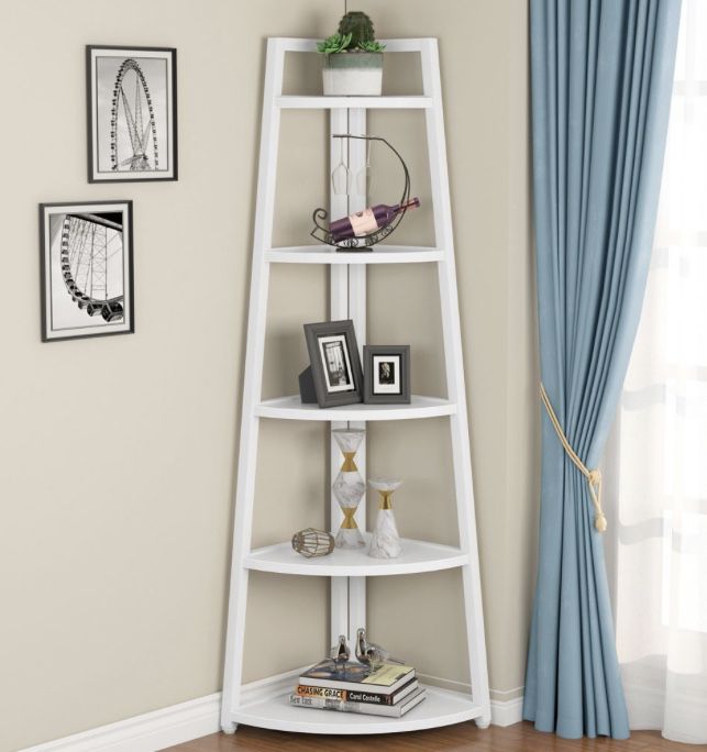 (NEW) 70 inch Tall Corner Shelf, 5 Tier Rustic Corner Bookshelf Industrial Corner Ladder Shelf Small Bookcase Plant Stand for Living Room, Kitchen, Ho