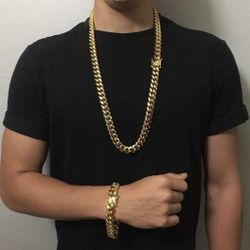 14MM Cuban Set 14K Gold Plated Doesn't Loses Color 