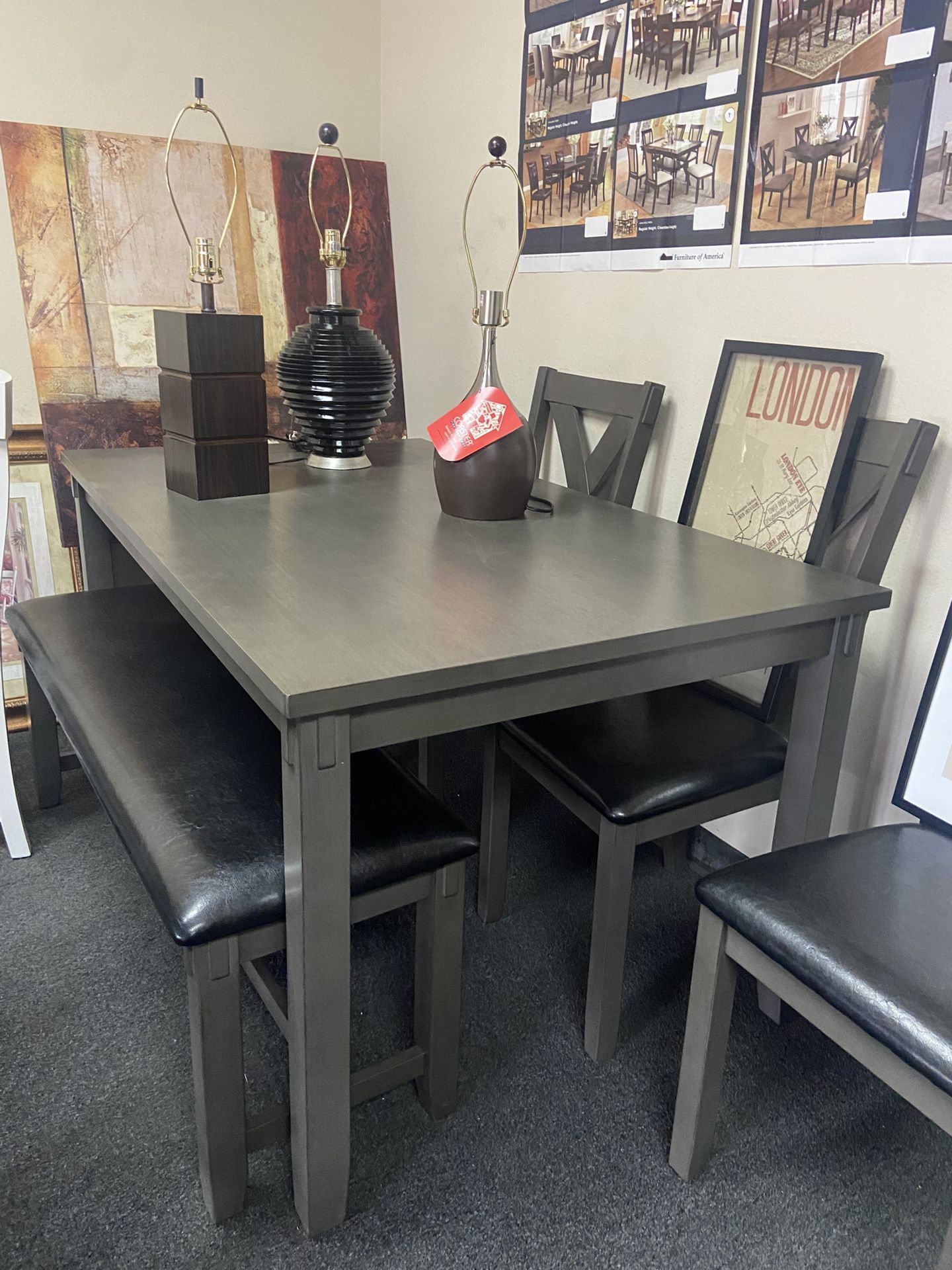 6pcs Dark Gray New Dining Table Set 4 Chairs And Bench