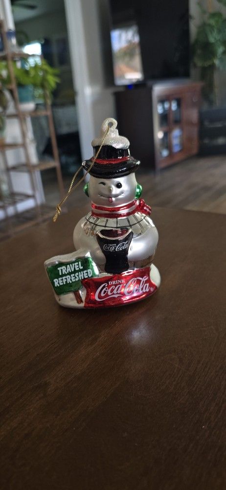Four 2003 Coca-Cola Snowman Disco Ball Blown Glass Ornaments "Travel Refreshed"