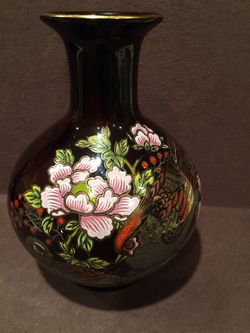 Reddish Brown 7 3/4” Porcelain Vase with Hand Painted Flowers Birds and Gold Trim - Japan 🇯🇵