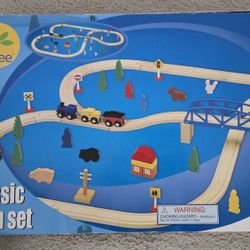 70-piece wooden train set with tracks, bridge, and accessories