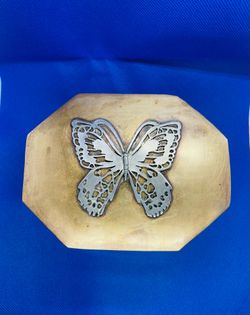 Vintage solid brass and detailed pewter butterfly trinket box