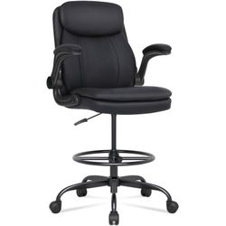 Tall Office Chair, Drafting Chair for Standing Desk, Executive Chair with Adjustable Height and Flip-up Armrest, Leather Drafting Chair, High Office C