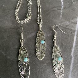 Vintage Bohemian Turquoise Feather Necklace And Earrings 