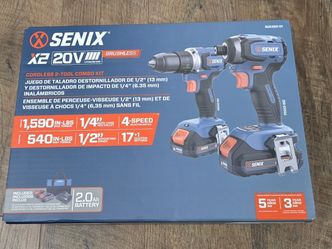 Senix X2 20V Max* 2-Tool Cordless Combo Kit with 1/2" Cordless Drill Driver & 1/4" Cordless Impact Driver, Brushless (2 2.0 Ah Batteries & Charger)