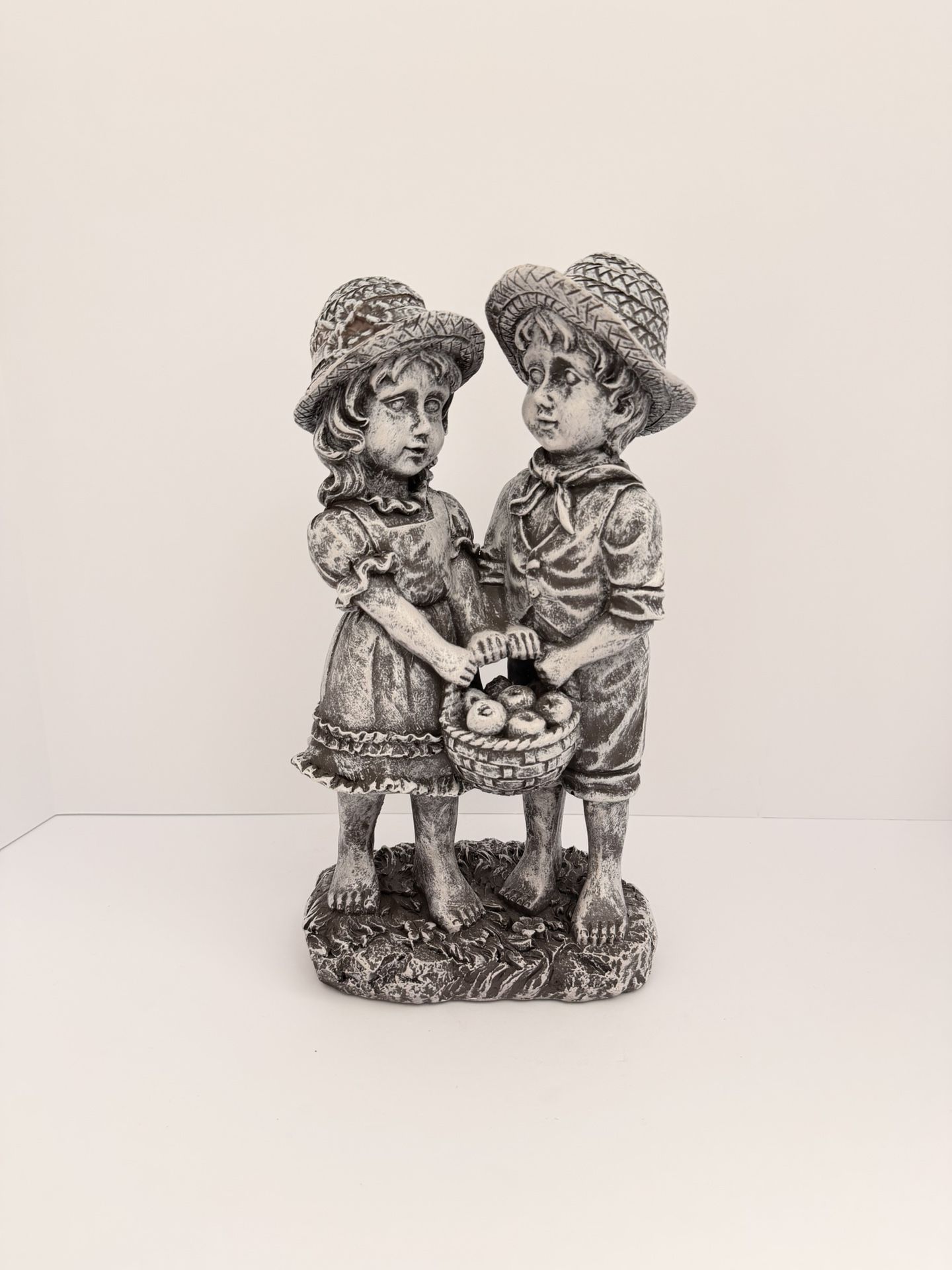 Vintage-Style Boy & Girl Resin Figurine – Farmhouse Garden Statue with Basket of Apples – 13” Decorative Sculpture