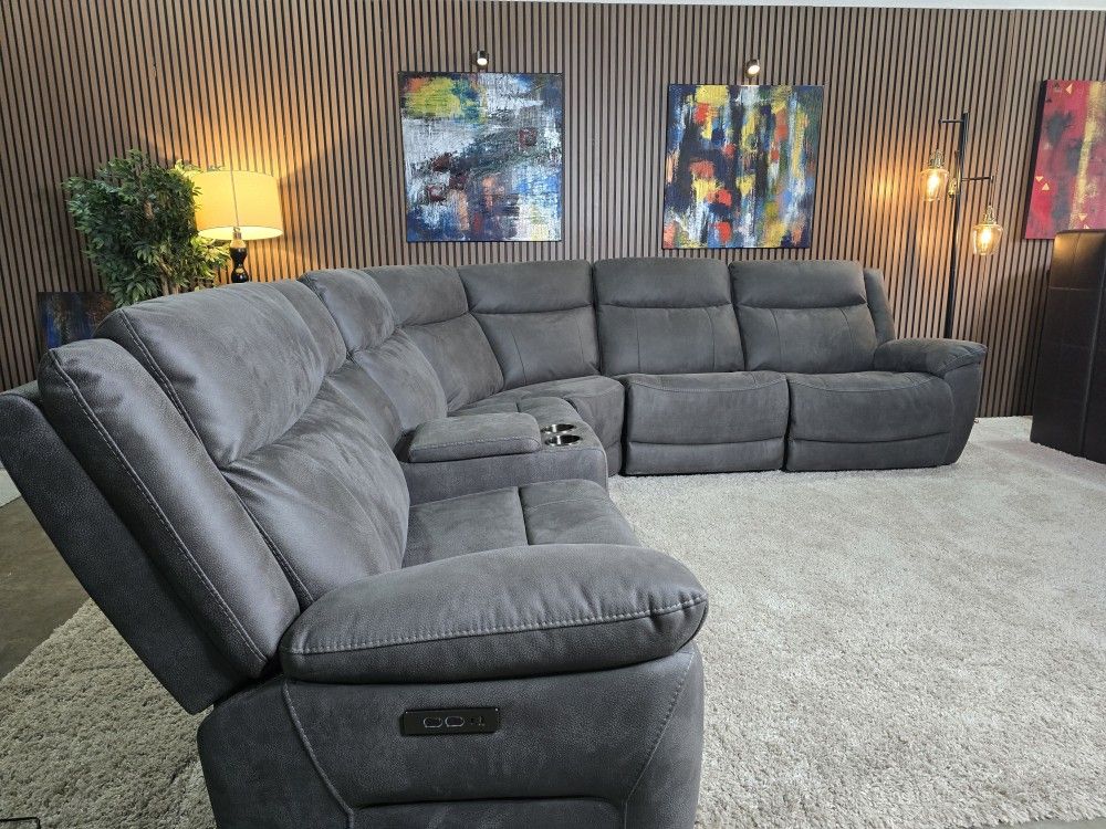 Gray Kelsee Power Fabric Reclining Sectional With Power Headrest