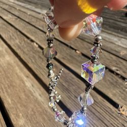 Sterling Silver 925 Cross Charm Bracelet – AB Crystal Glass Beads – One Damaged Bead