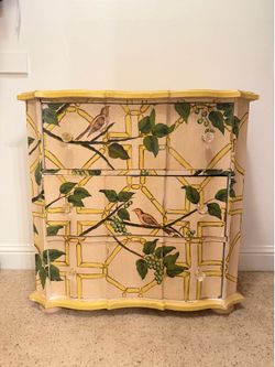 Hand-Painted Chinoiserie Bamboo Chest of Drawers — Boho/Grandmillennial Decor