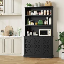 72 2" Kitchen Pantry Cabinet with Microwave Stand, 3 Door Hutch Storage Cabinet with Shelves for Kitchen Living Room, Black