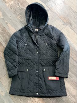 Merona Black Quilted Hooded Long Coat