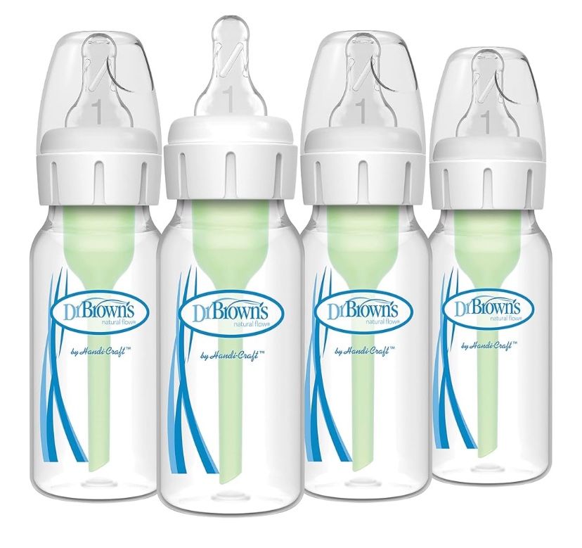 Dr. Brown's Natural Flow Anti-Colic Options+ Narrow Baby Bottle, 4 oz/120 mL, with Level 1 Slow Flow Nipple, 0m+, 4 Bottles( New In Box)
