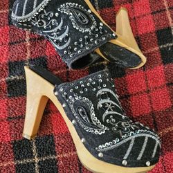 Black velvet rhinestone embellished platform heels with wooden