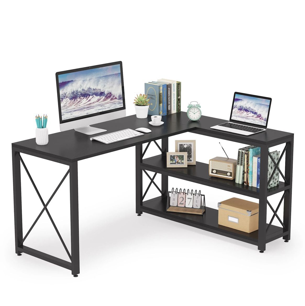 Tribesigns L-Shaped Desk, Reversible Corner Computer Desk with Shelves SKU HOGA-JW0248
