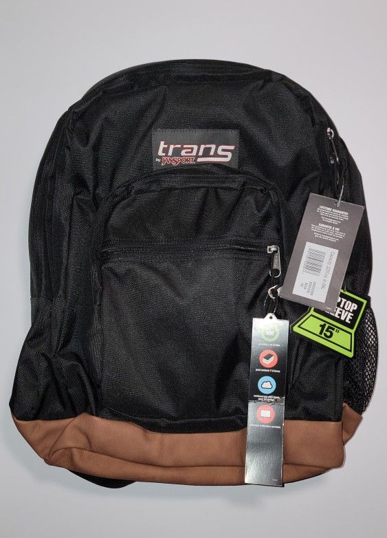 Trans by Jansport 17" SuperCool Backpack - Black with Brown Synthetic Leather Base, New