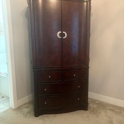 Cherry Oak Wood Armoire & 2 End Tables
