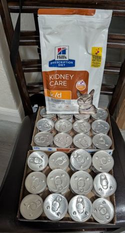 Brand new lots of  science diet kidney care cat food ( 33 cans of wet food and 1 bag of dry food ).  Never used