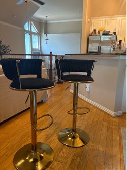 Set of 2 Adjustable Velvet Bar Stools – Black & Gold