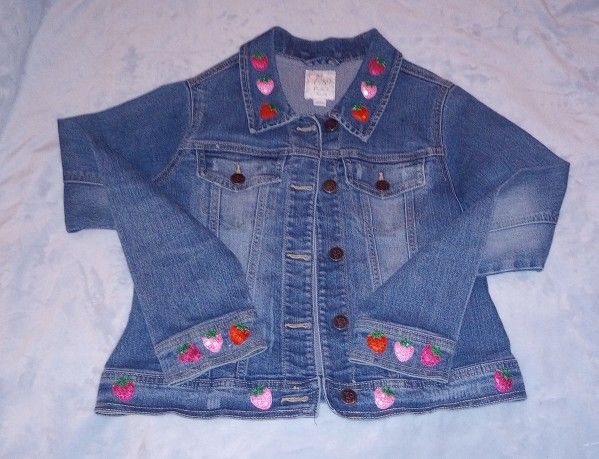 Children's Place Denim Jean Jacket Kids 14 XL Strawberry Applique Patches